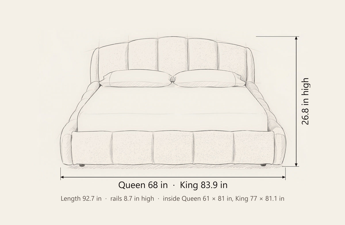 Montenerodomo bed dimensions: Queen 68 in wide, King 83.9 in wide, both 92.7 in long and 26.8 in high, with 8.7 in rails
