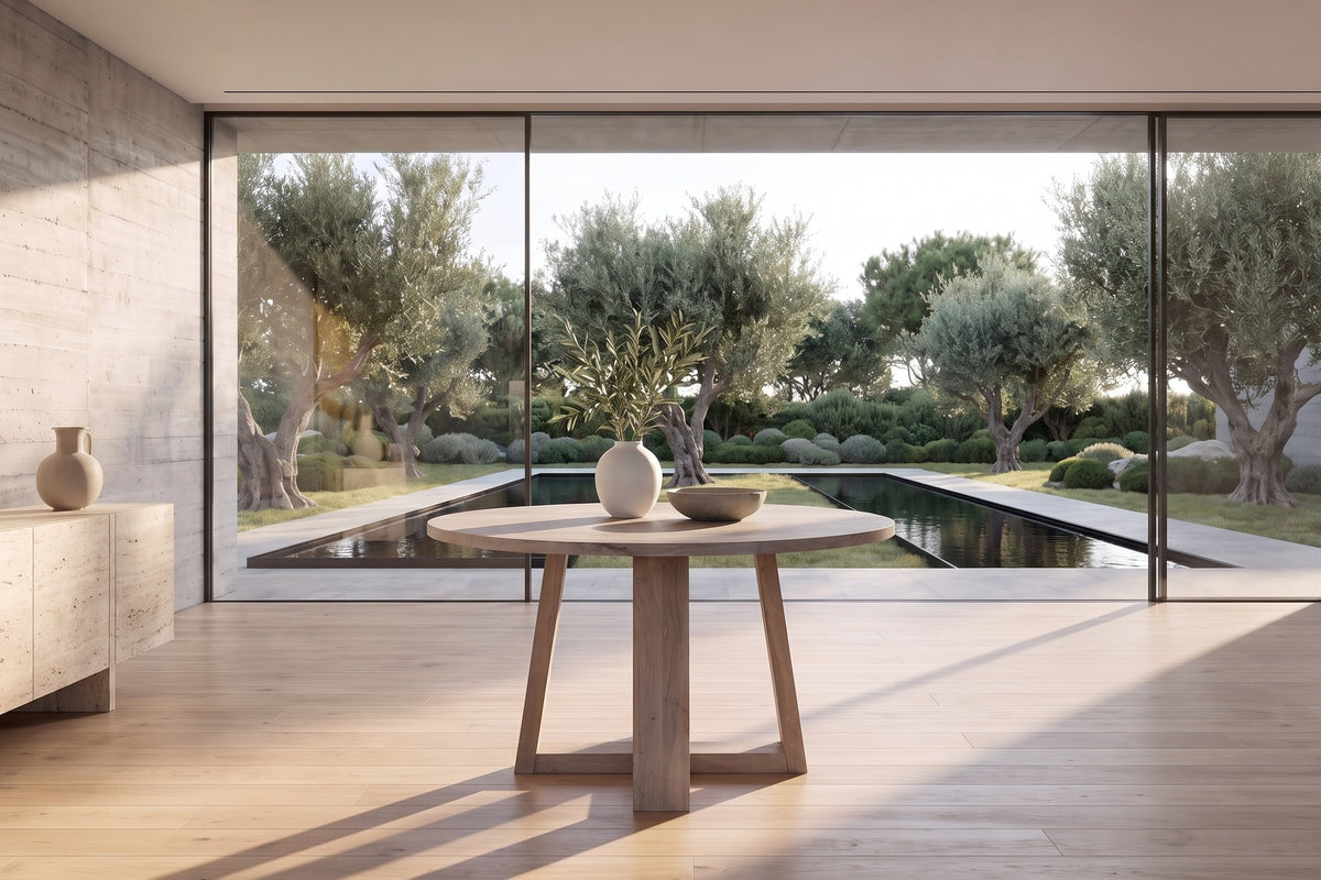 Morano 54-Inch Round Grey-Washed Solid Acacia Dining Table in a sunlit villa dining room
