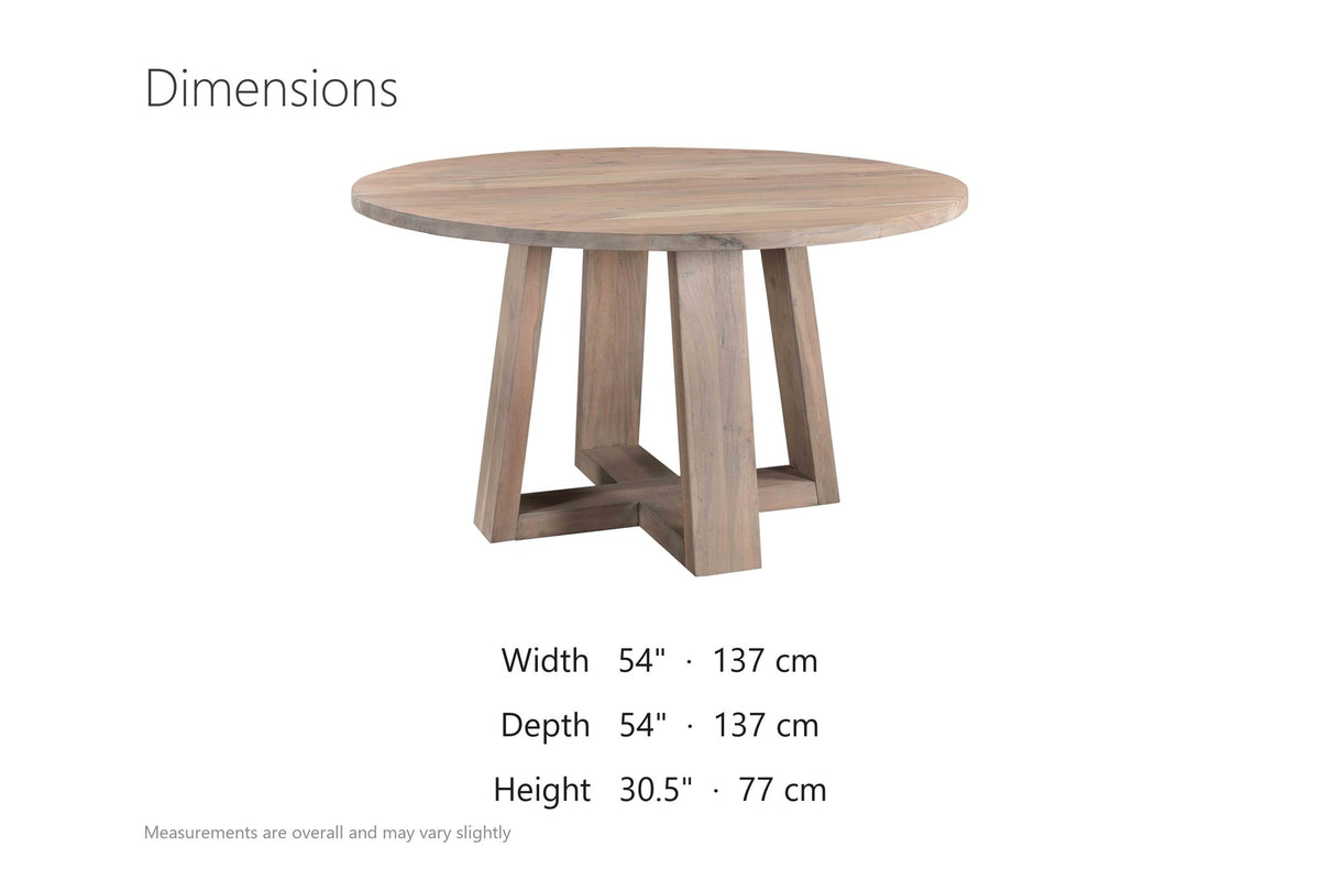 Morano 54-Inch Round Grey-Washed Solid Acacia Dining Table dimensions