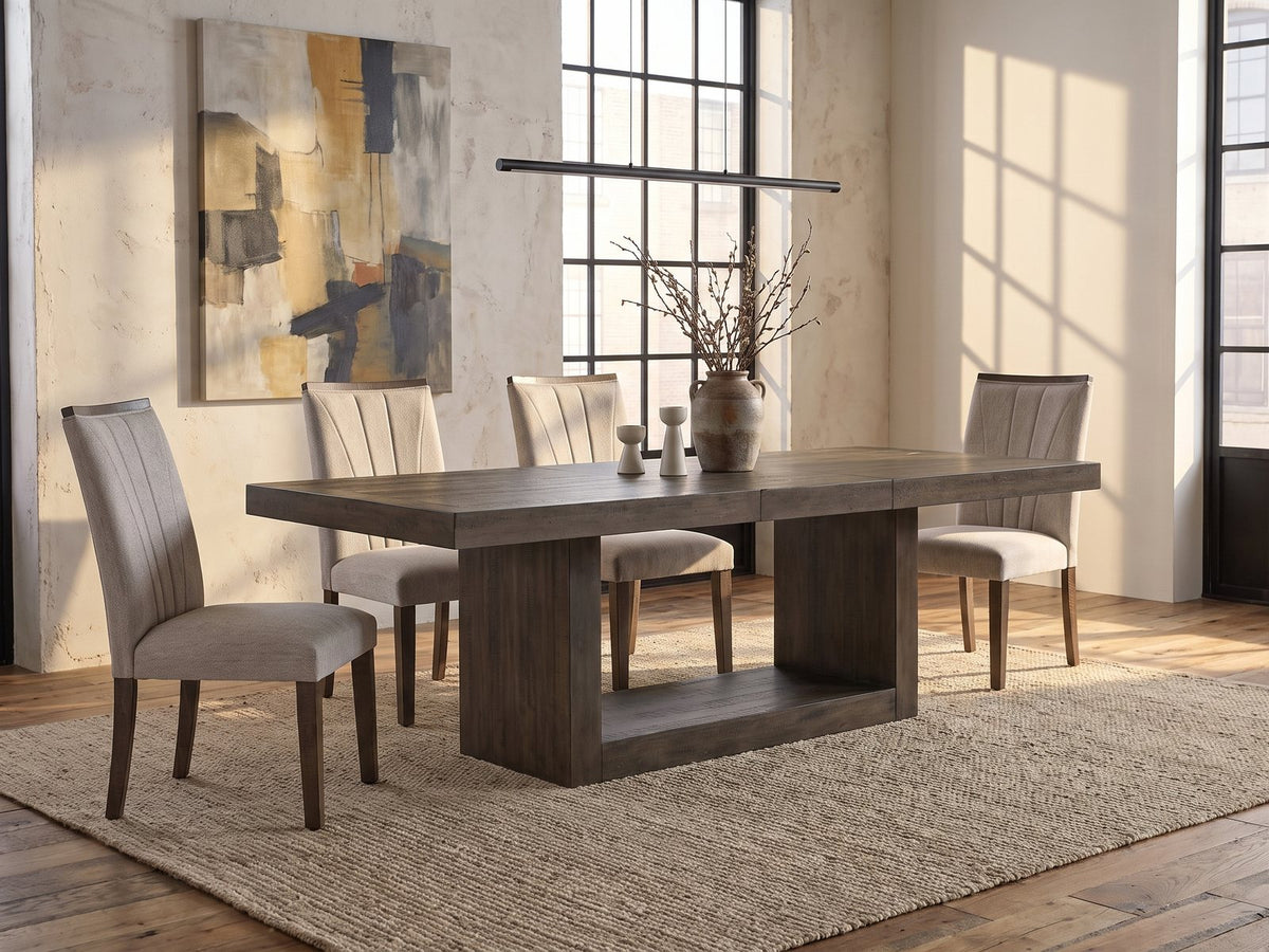 Mormanno 76 to 96-Inch Extending Brown Acacia Dining Set with 4 Chairs in an industrial loft dining area