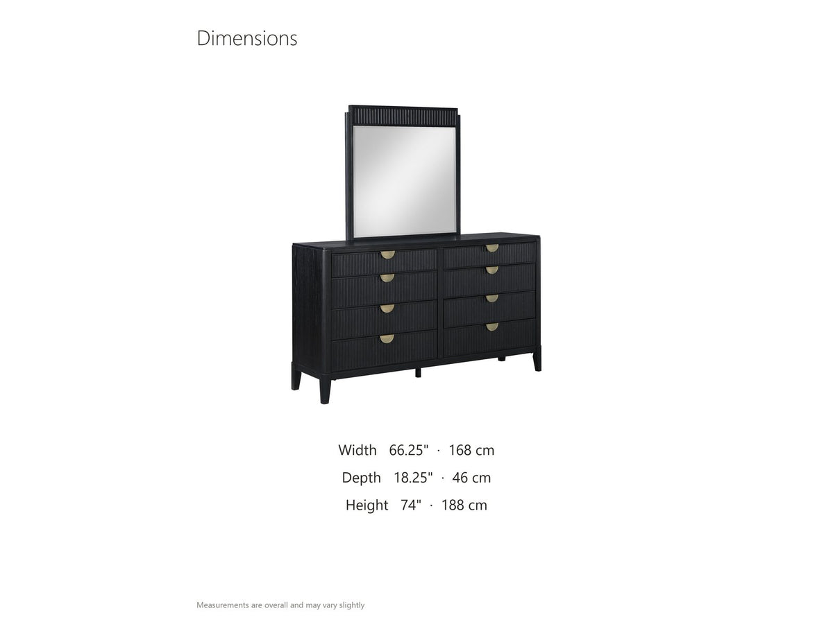 Murano 66-Inch Black Oak 8-Drawer Dresser with Mirror dimensions: dresser 66.25 in wide, 18.25 in deep, 38 in high; mirror 36 in wide by 36 in high; 74 in high overall with the mirror
