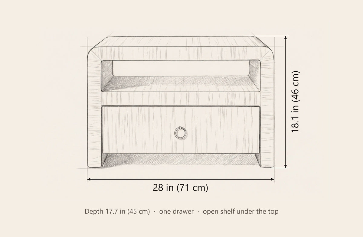 Muravera nightstand dimensions: 28 in wide, 18.1 in high, 17.7 in deep