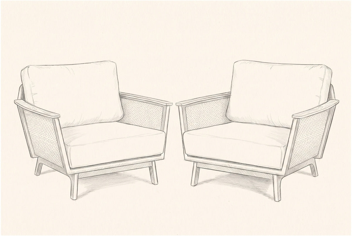 Pencil sketch of the pair of Naxos accent chairs, three-quarter view
