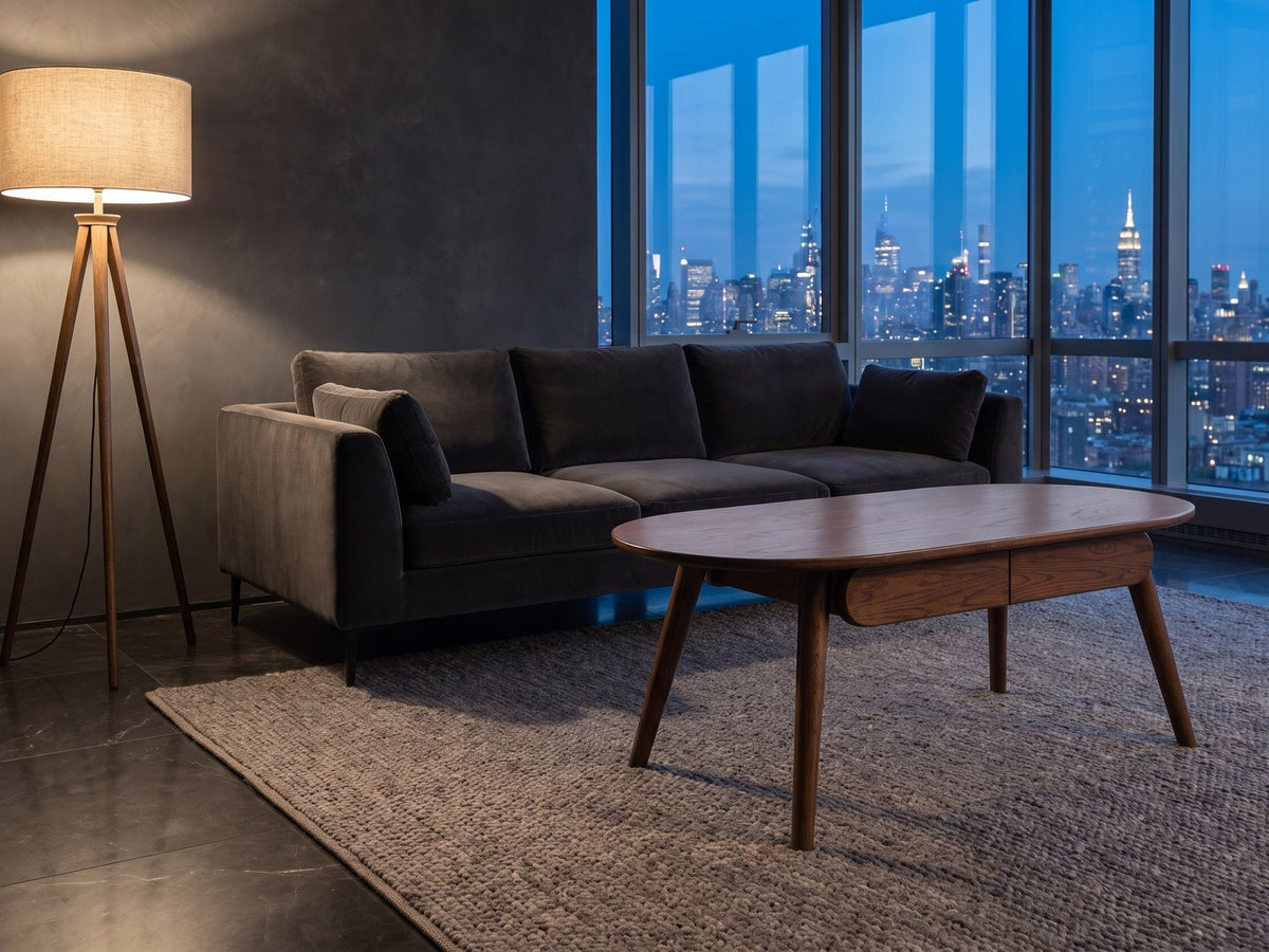 Neive 47-Inch Oval Walnut-Stained Solid Oak Coffee Table with 2 Drawers on a wool rug in front of a velvet sofa in a city penthouse at blue hour