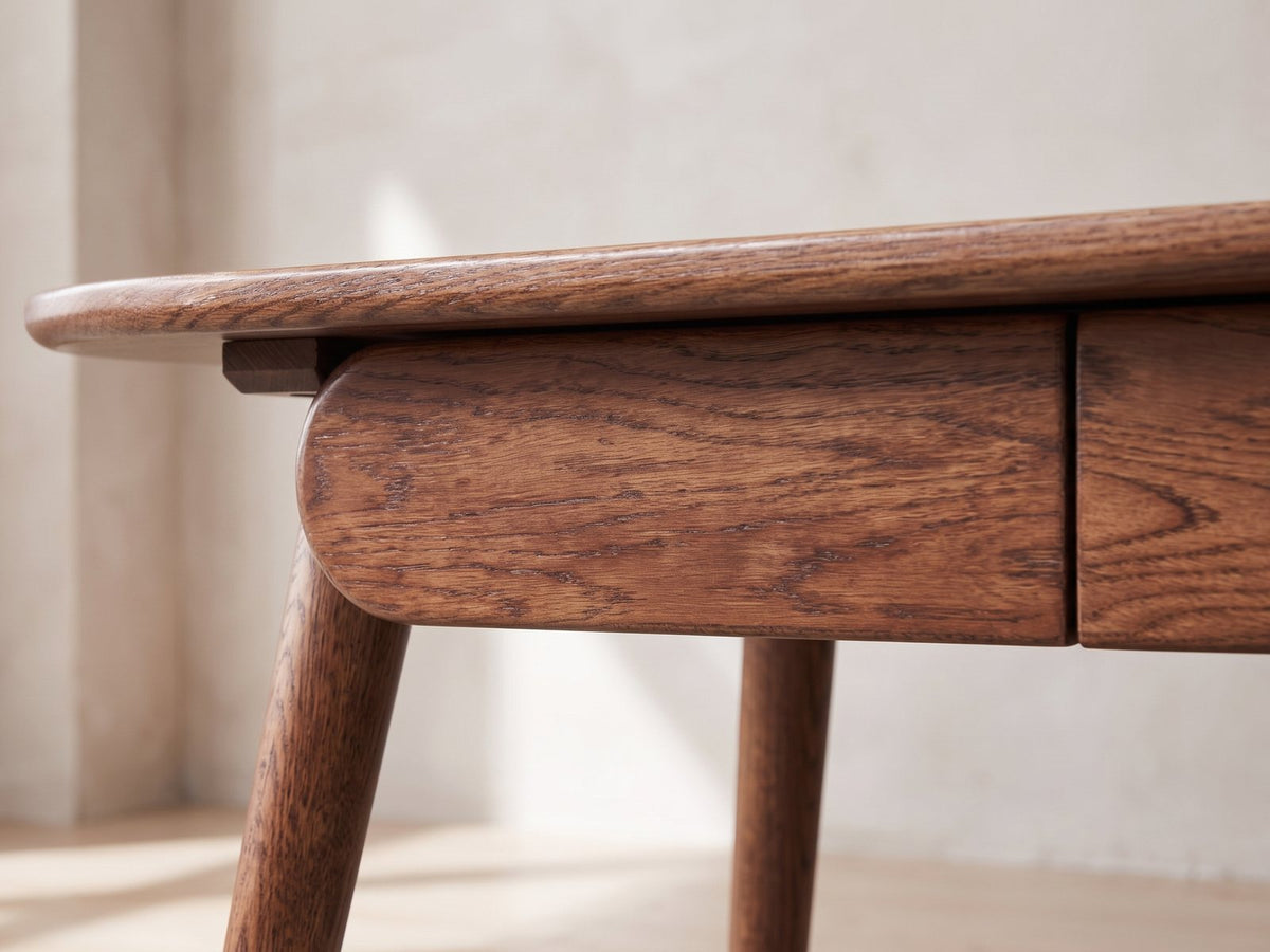 Close-up of the Neive 47-Inch Oval Walnut-Stained Solid Oak Coffee Table with 2 Drawers: the two handle-free drawers with their rounded outer ends