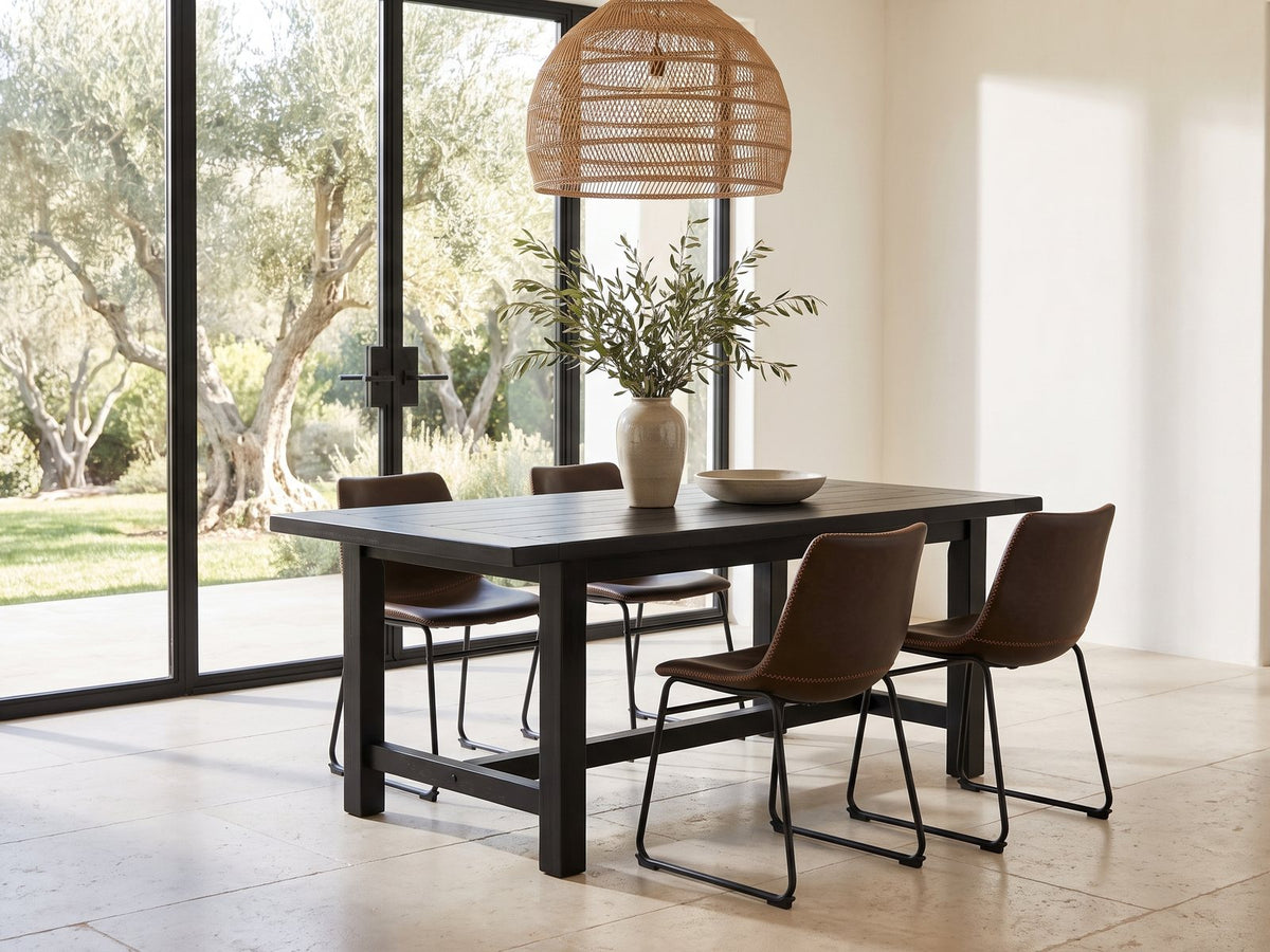 Nicastro 64-Inch Antique Black Farmhouse Dining Set with 4 Chairs in a sunlit villa dining area with olive trees outside