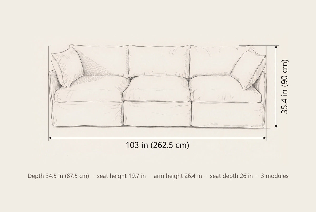 Nicosia modular sofa dimensions: 103 in wide, 35.4 in high, 34.5 in deep