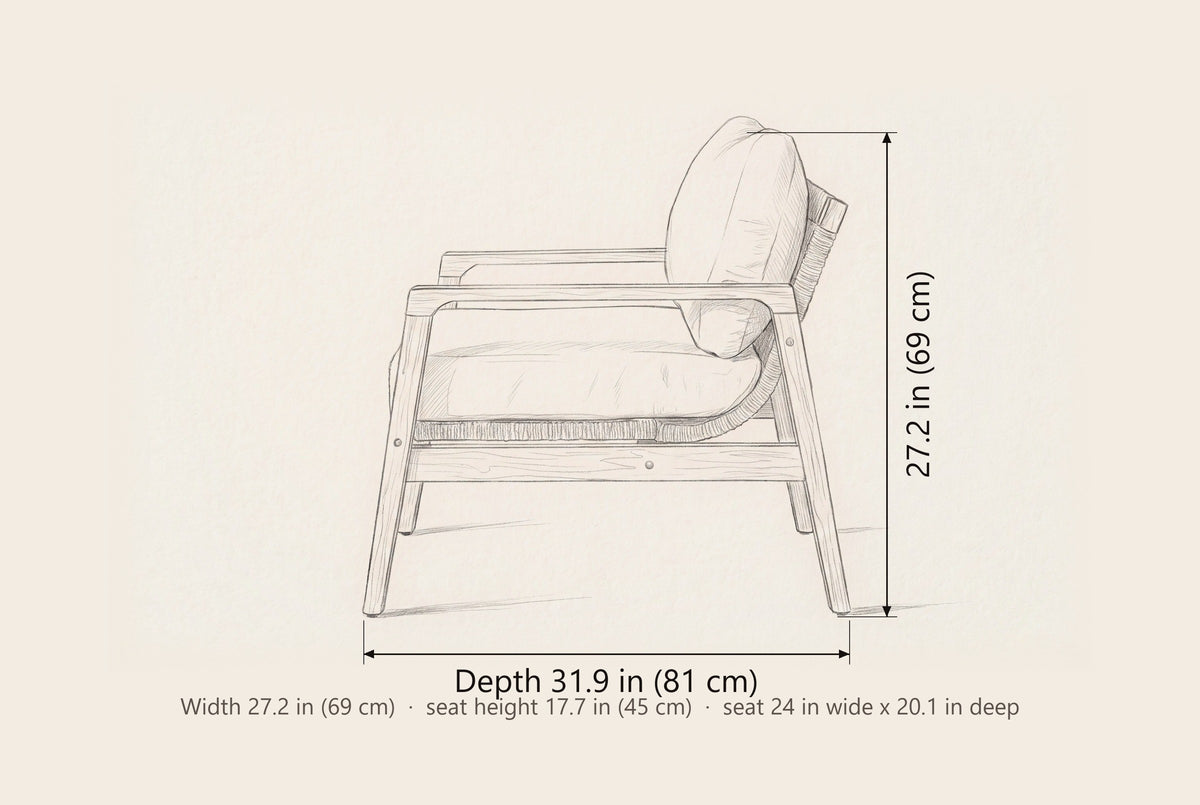 Niscemi club chair dimensions: 31.9 in deep, 27.2 in high, 27.2 in wide, seat height 17.7 in