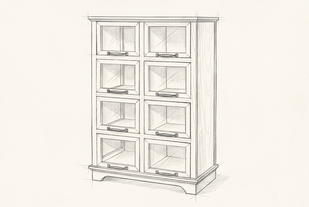Pencil sketch of the Noci display cabinet, drawn from the same three-quarter view