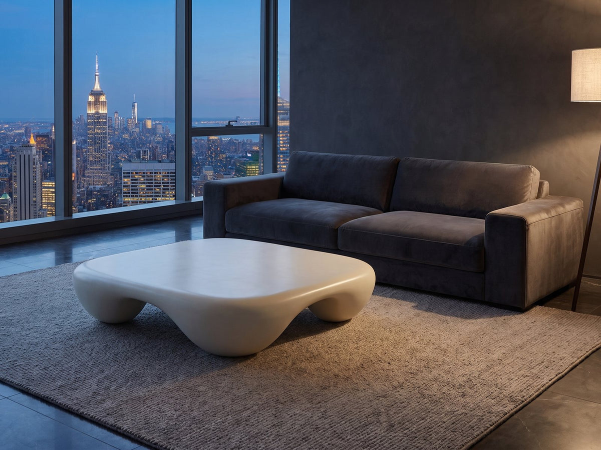 Noli White Sculpted Fiberglass Coffee Table seen from the side, on a wool rug in front of a velvet sofa in a city penthouse at blue hour