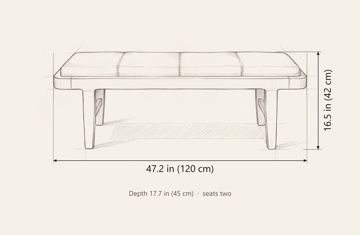 Norcia bench dimensions: 47.2 in wide, 16.5 in high, 17.7 in deep