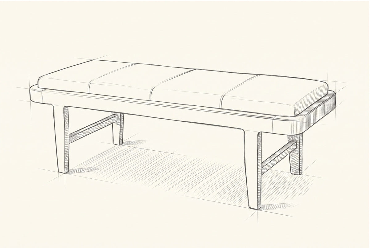 Pencil sketch of the Norcia bench, drawn from the same three-quarter view
