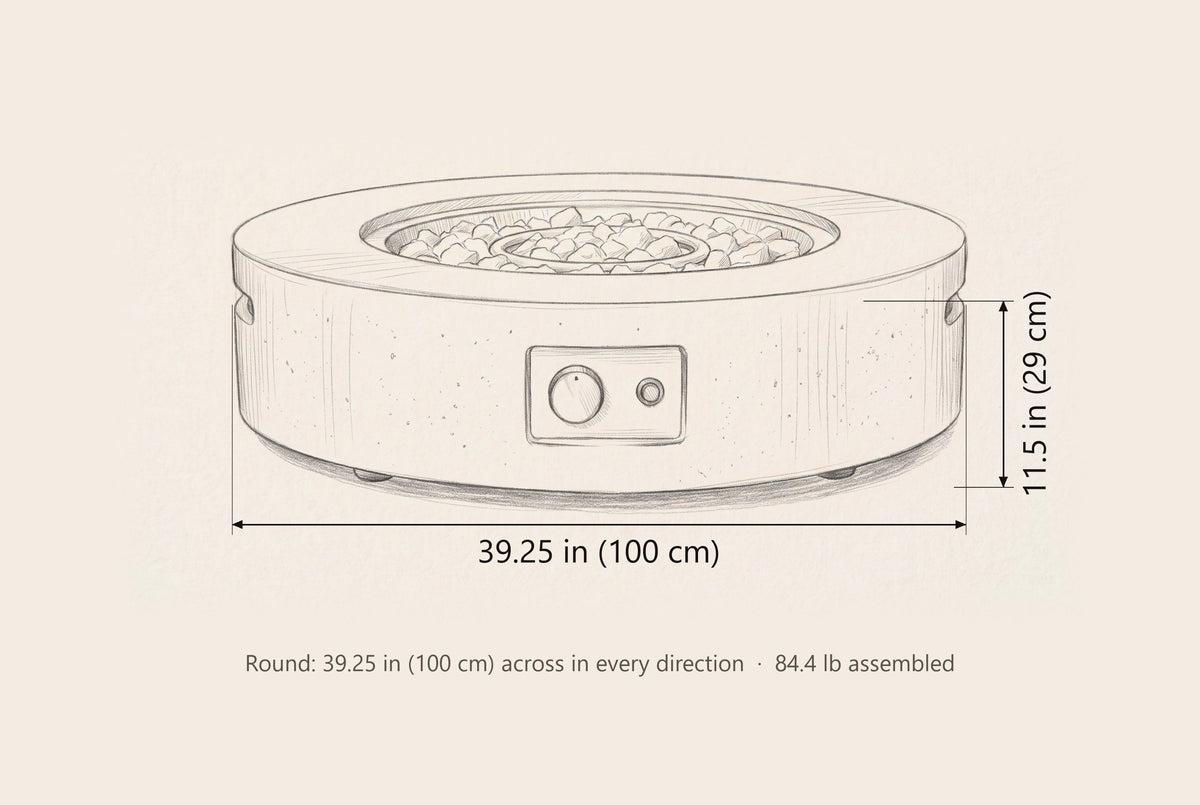 Noto fire pit dimensions: 39.25 in across, 11.5 in high