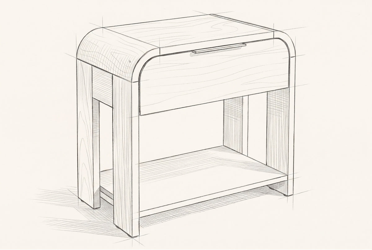 Pencil sketch of the Nuoro nightstand, drawn from the same three-quarter view