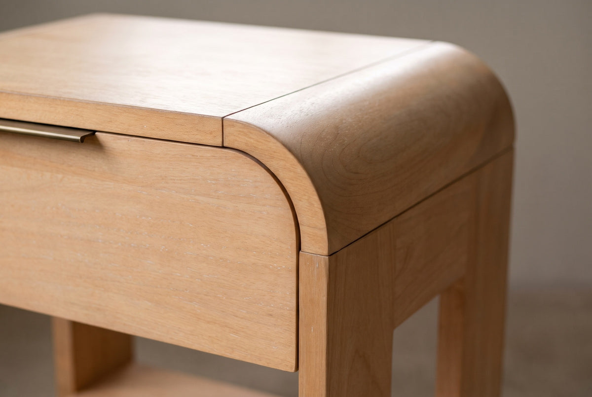 The corner of the Nuoro nightstand up close: the top rolling down over the end in a waterfall curve, the rounded corner of the drawer front and the slim bronze pull along its top edge