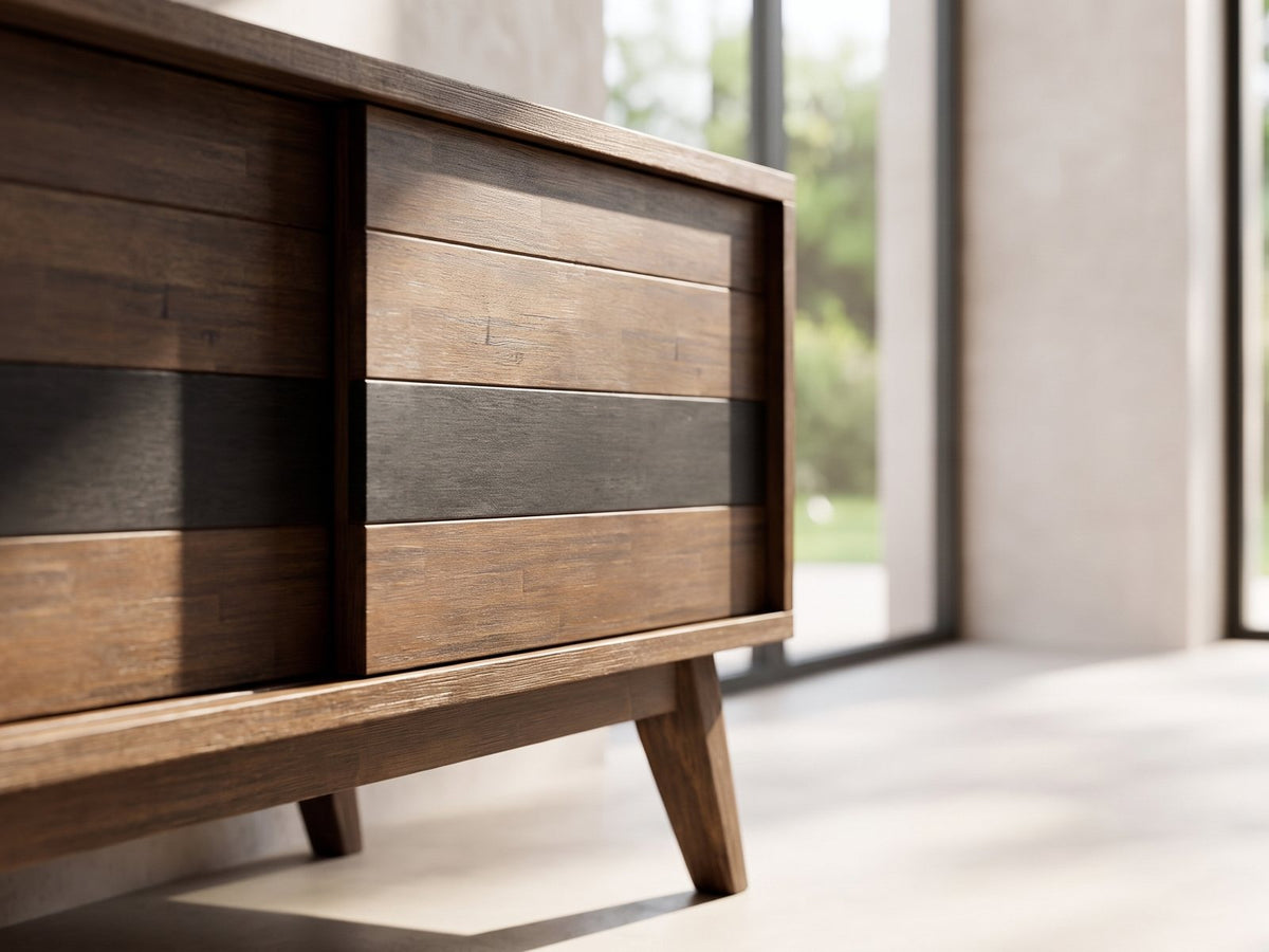Close-up of the Offida Two-Tone Acacia Media Console: the sliding door front in alternating brown and charcoal acacia planks and the tapered leg below