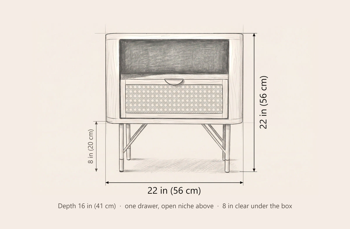 Olbia nightstand dimensions: 22 in wide, 22 in high, 16 in deep, 8 in clear under the box