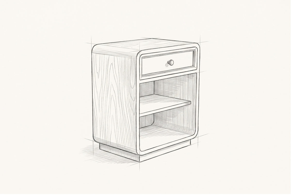Pencil sketch of the Oliena nightstand, drawn from the same three-quarter view