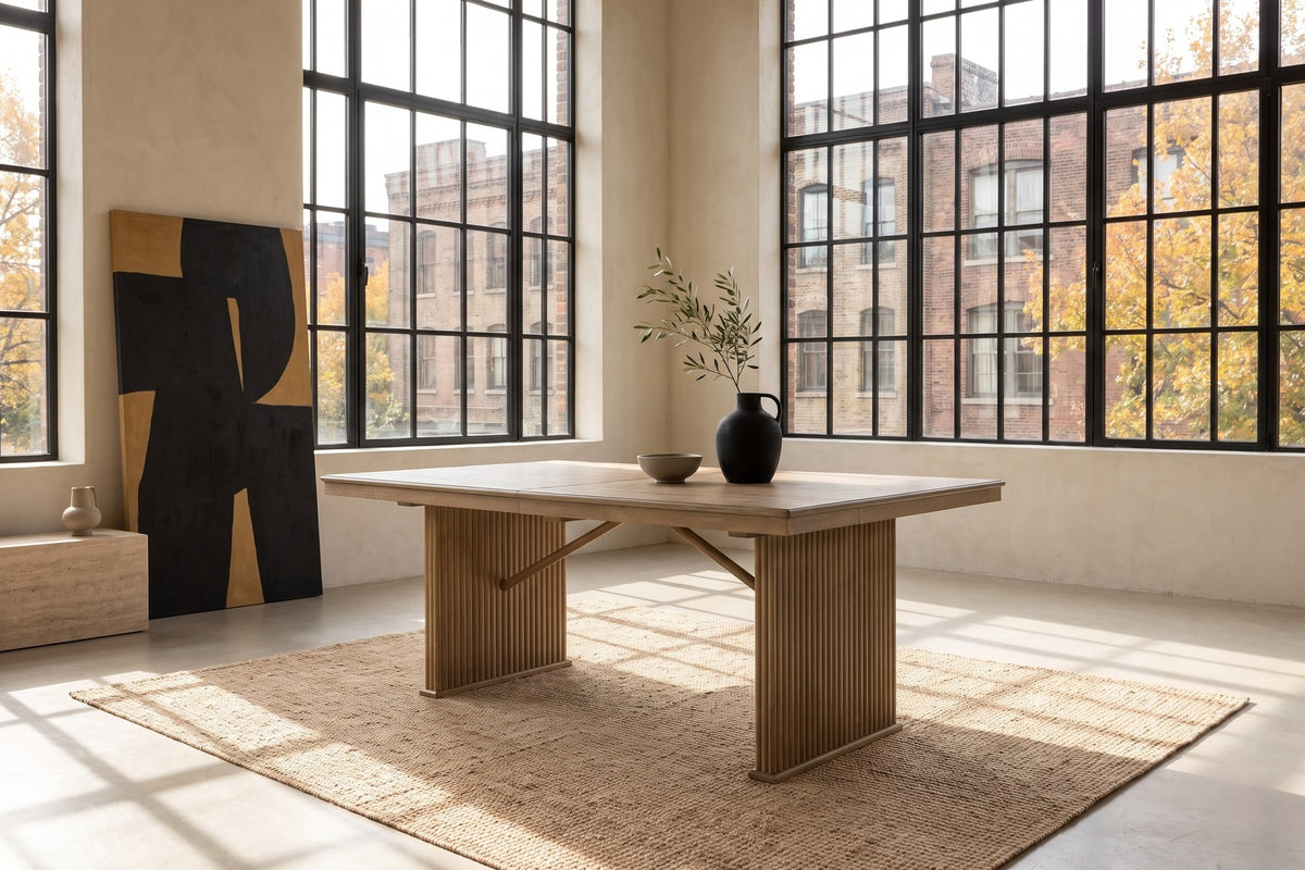 Olivadi 72-90-Inch Rectangular Extending Oak Veneer Dining Table in a city loft