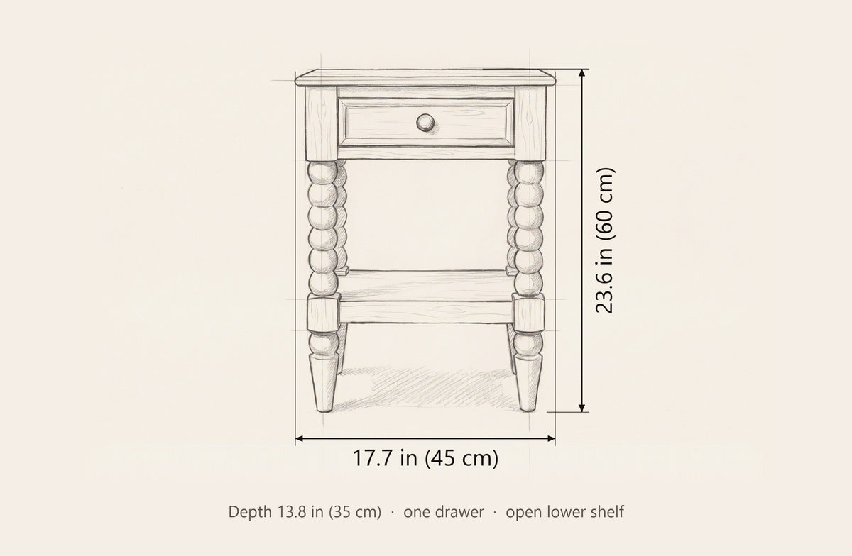 Orani nightstand dimensions: 17.7 in wide, 23.6 in high, 13.8 in deep