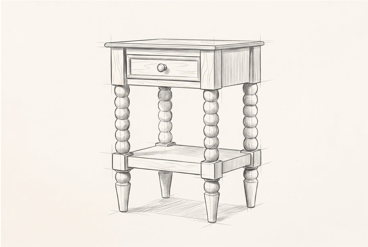 Pencil sketch of the Orani nightstand, drawn from the same three-quarter view
