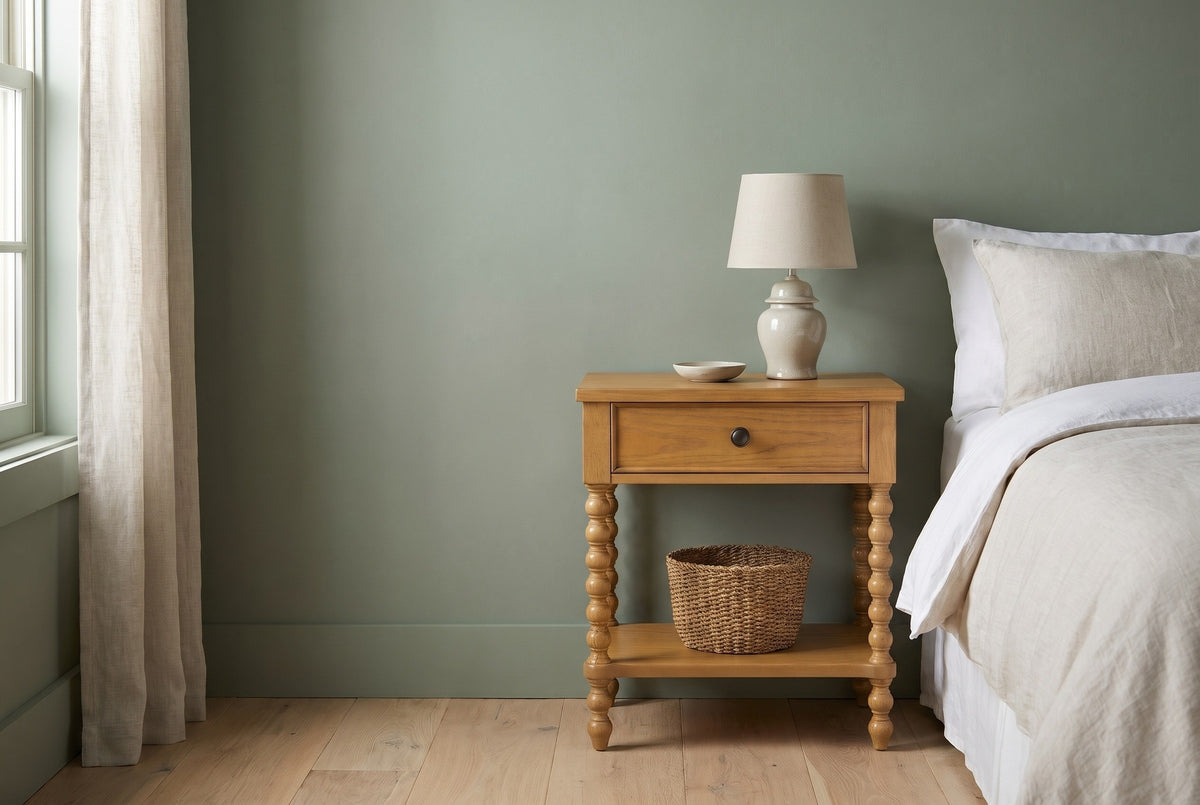 Orgosolo Camel Oak spindle-leg nightstand with a ceramic lamp and a seagrass basket on the shelf beside a bed in a Hudson Valley bedroom with a sage-green plaster wall and a white-oak floor
