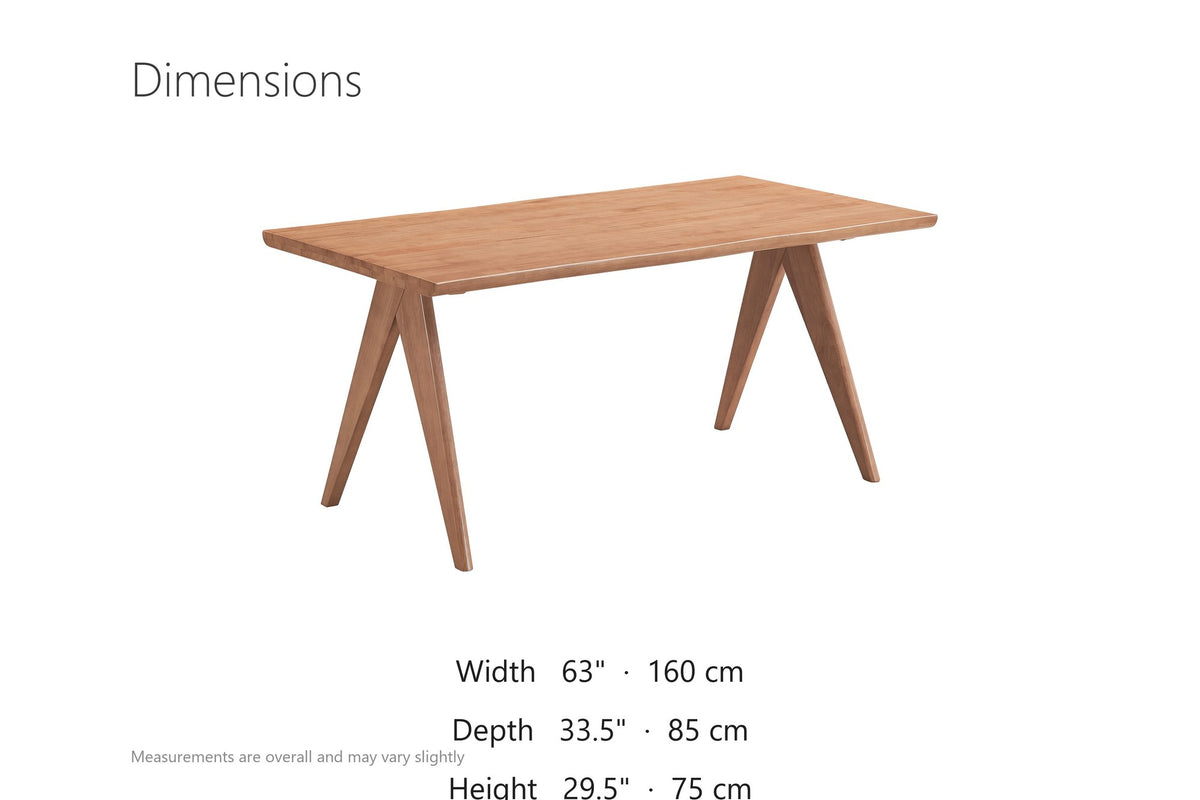 Oriolo 63-Inch Rectangular Solid Wood Dining Table dimensions