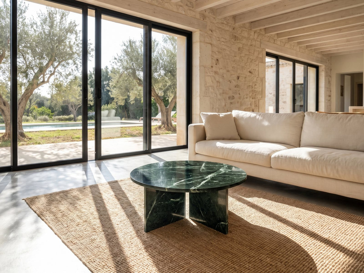 Orosei Verde Marble Coffee Table seen from the side, on a jute rug in front of a linen sofa in a poolside villa