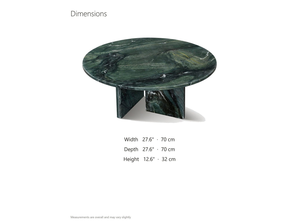 Orosei Verde Marble Coffee Table dimensions: 27.6 in wide, 27.6 in deep, 12.6 in high