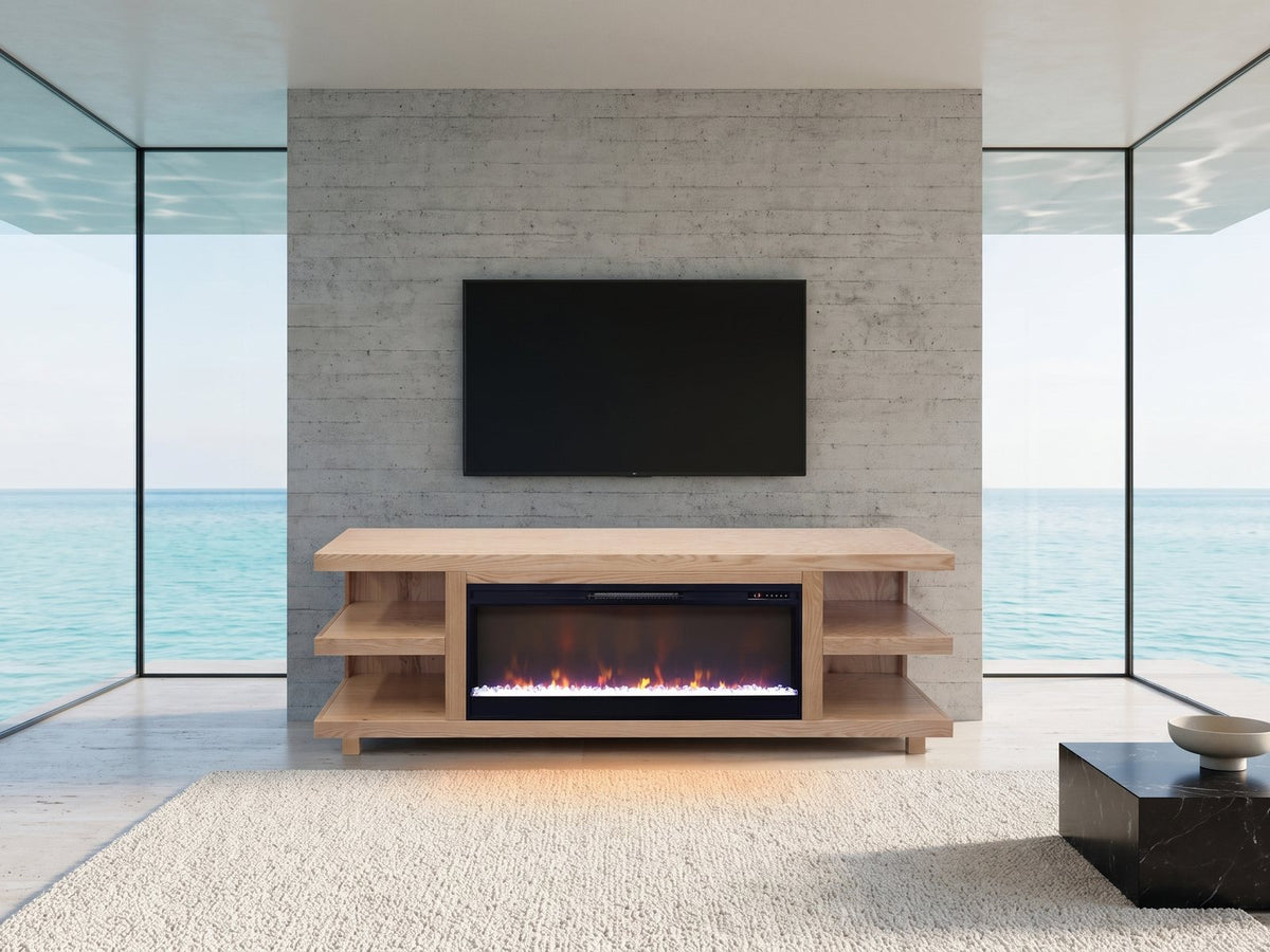 Ortisei Oak Fireplace Media Console in an oceanfront glass house