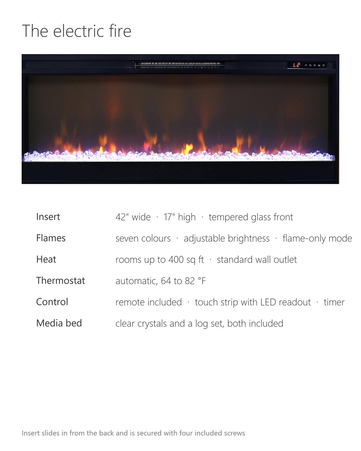 Ortisei Oak Fireplace Media Console: the electric fire's insert size, flames, heat, thermostat, controls and media bed