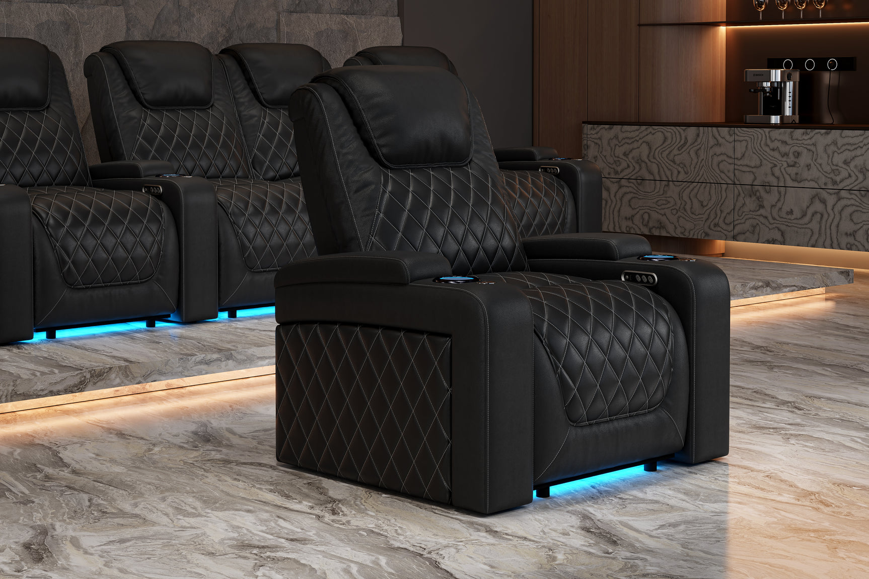 Valencia 2025 New Oslo Leather Home Theater Seating Row of 5 Set of 3 Center, Midnight Black