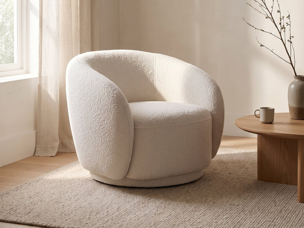 Ostuni Boucle Swivel Chair in a sunlit room