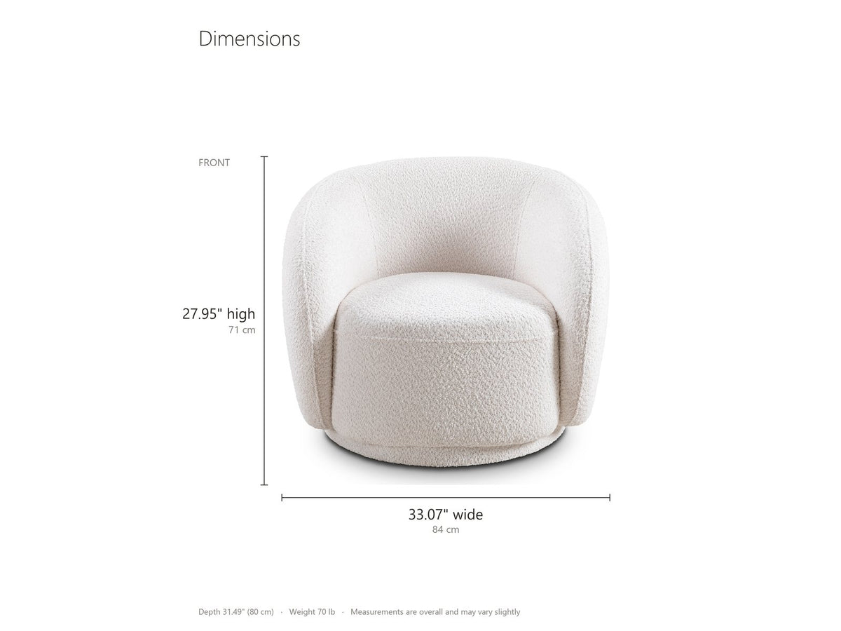Ostuni Boucle Swivel Chair dimensions: 33.07 in wide, 31.49 in deep, 27.95 in high