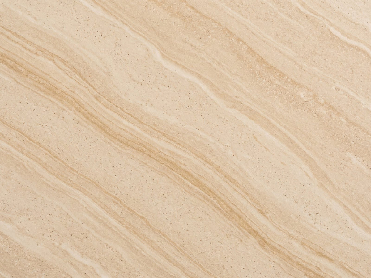 Close-up of the Ovada 35-Inch Round Sintered Stone and Wood Veneer Coffee Table: the warm travertine-look pattern of the sintered stone top