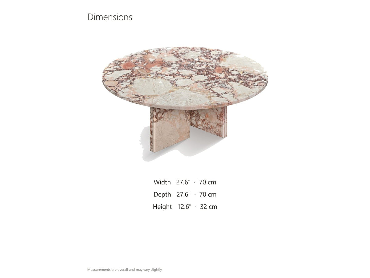 Paestum Rosa Marble Coffee Table dimensions: 27.6 in wide, 27.6 in deep, 12.6 in high