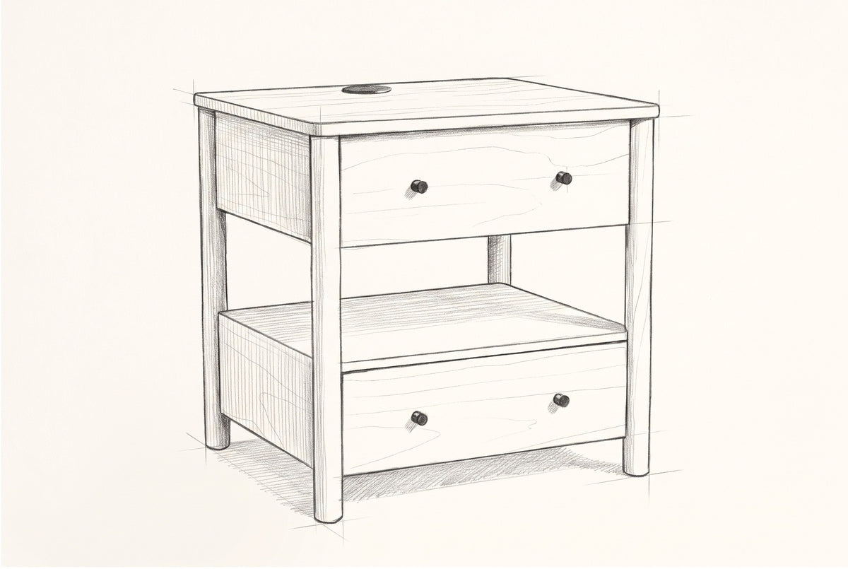 Pencil sketch of the Palau nightstand, drawn from the same three-quarter view