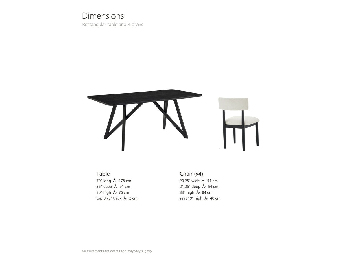 Palmi 70-Inch Black Oak Veneer Dining Set with 4 Boucle Chairs dimensions: table 70 in long, 36 in deep and 30 in high, top 0.75 in thick; each chair 20.25 in wide, 21.25 in deep and 33 in high, seat 19 in high