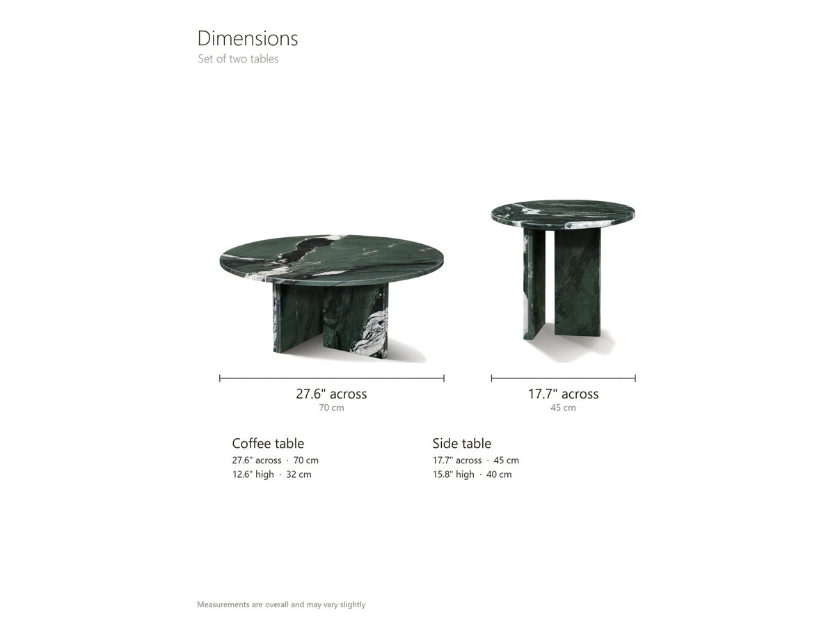 Panarea Verde Marble Nesting Coffee Tables, Set of 2 dimensions: coffee table 27.6 in across and 12.6 in high, side table 17.7 in across and 15.8 in high