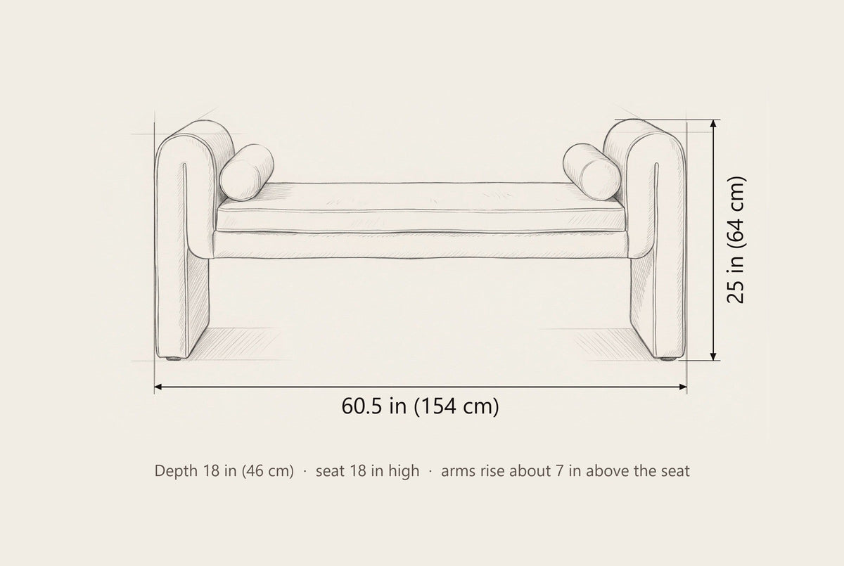 Panicale bench dimensions: 60.5 in wide, 25 in high to the arms, 18 in deep