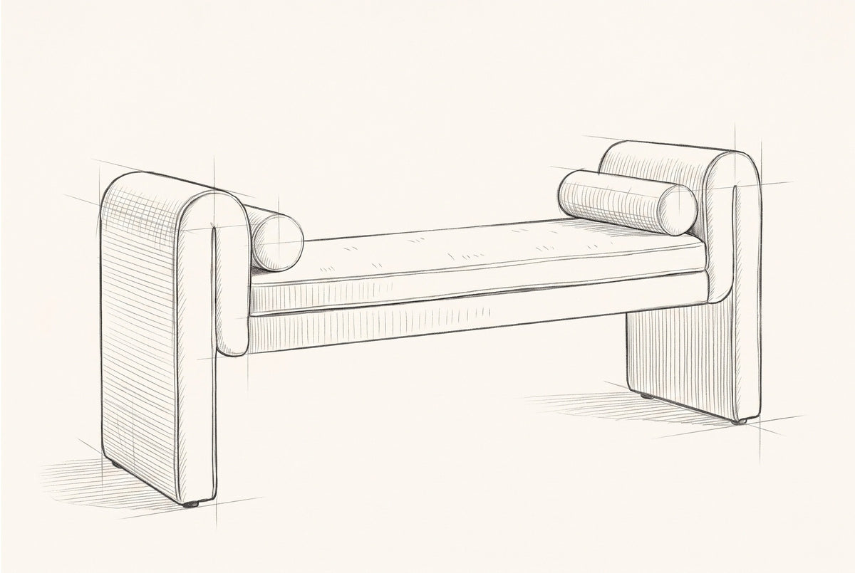 Pencil sketch of the Panicale bench, drawn from the same three-quarter view
