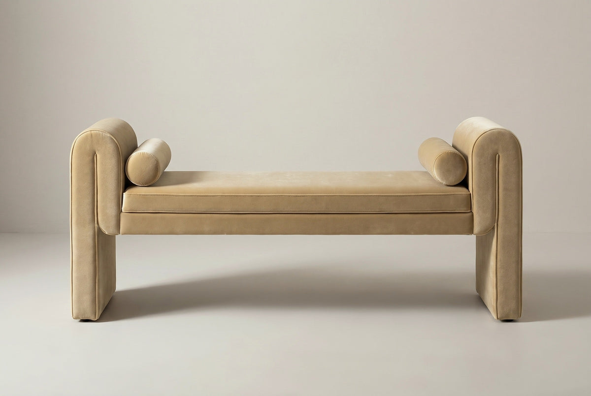 The Panicale bench in camel velvet, straight front view on a light studio backdrop