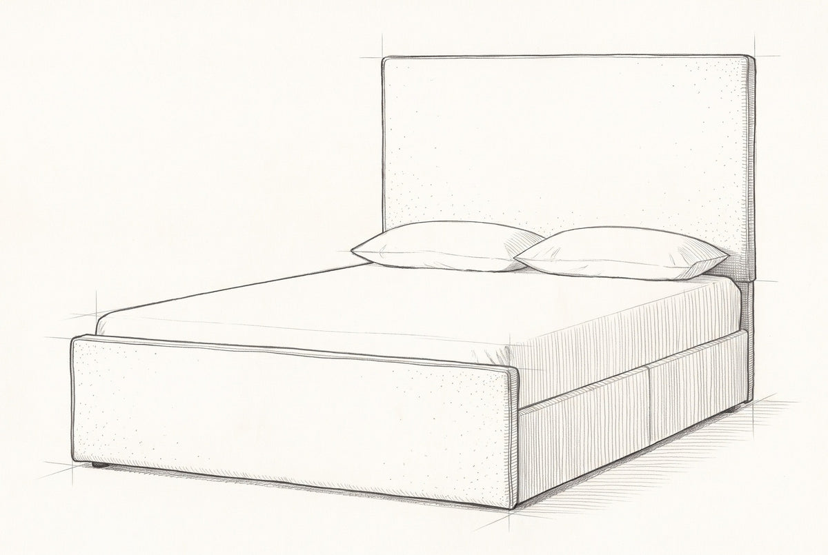 Pencil sketch of the Penne bed with a mattress and two pillows, drawn from the same three-quarter view