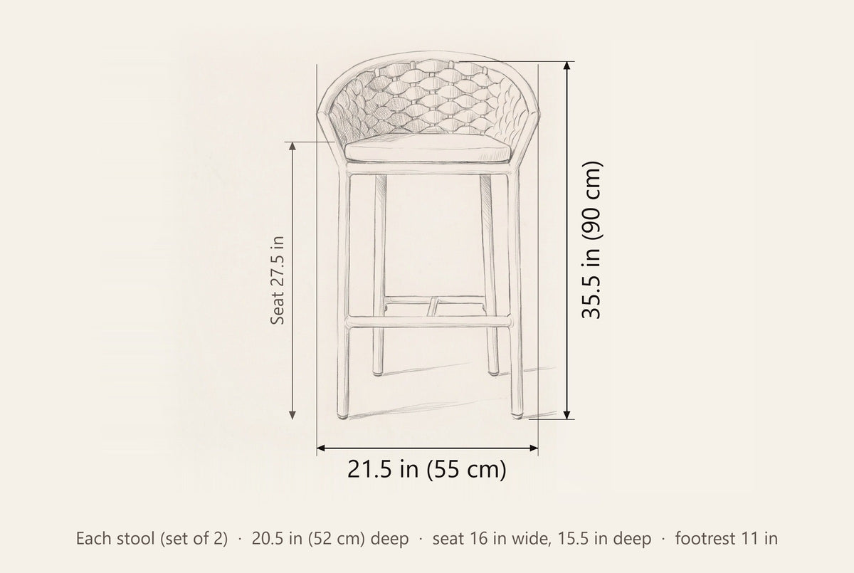 Petralia counter stool dimensions: each stool 21.5 in wide, 35.5 in high, seat 27.5 in, 20.5 in deep