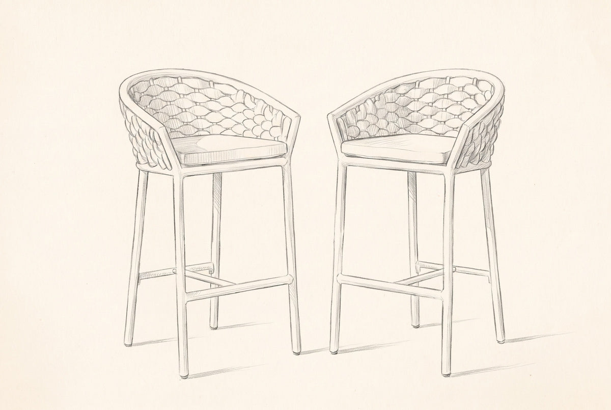 Pencil sketch of the two Petralia counter stools, drawn from the same three-quarter view