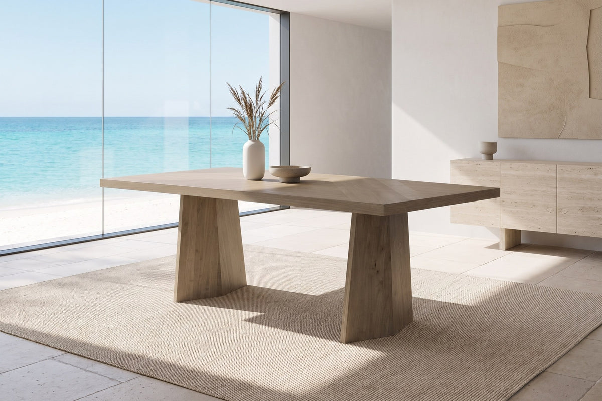 Petrizzi 84-Inch Rectangular White Oak Veneer Dining Table in an oceanfront glass house