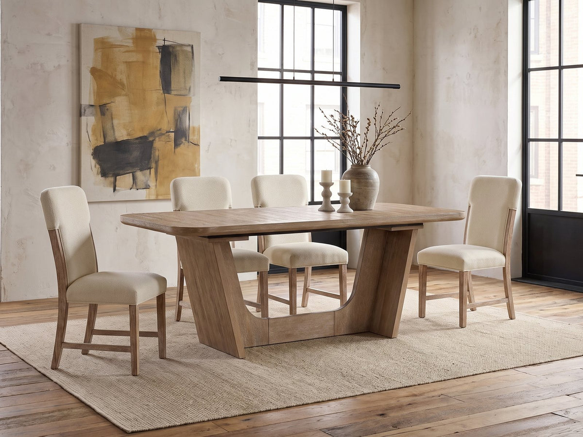 Picinisco 74-Inch Extendable Oak Veneer Dining Set with 4 Chairs in an industrial loft dining area