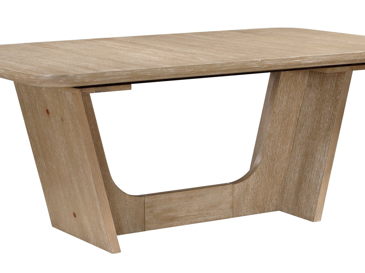 Close-up of the Picinisco 74-Inch Extendable Oak Veneer Dining Set with 4 Chairs: the U-shaped oak veneer base with its rounded cut-out and slanted end slab