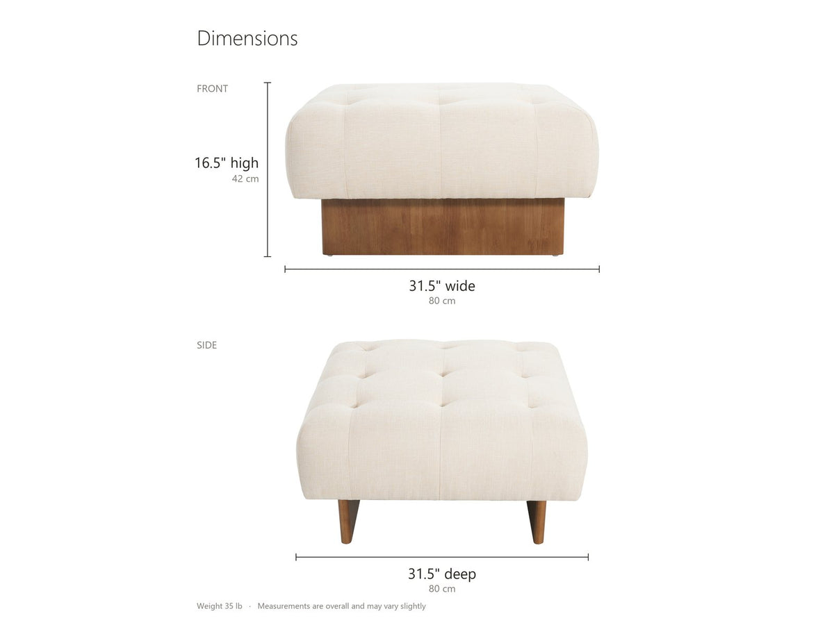 Pienza Tufted Ottoman dimensions: 31.5 in wide, 31.5 in deep, 16.5 in high
