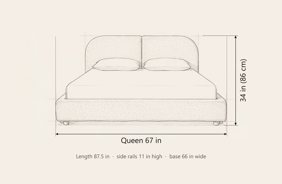 Pietrabbondante bed dimensions, Queen shown: 67 in wide, 34 in high, 87.5 in long, side rails 11 in high; the King is 83 in wide and 88 in long